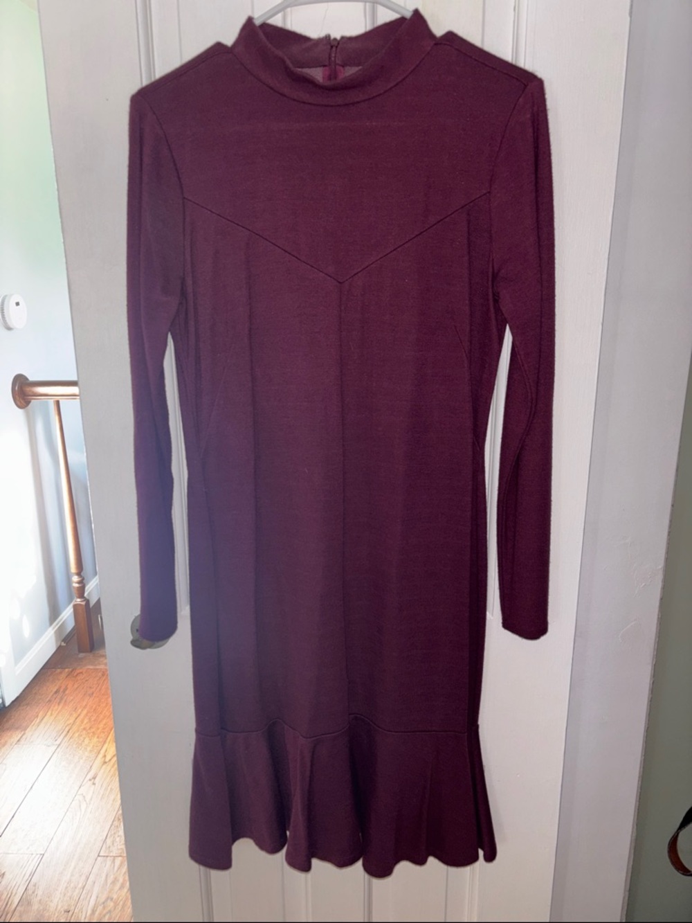 Ann Taylor Burgundy Mock Neck Long Sleeve Ruffle-Hem Dress